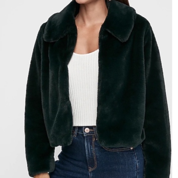 Express Dark Green Faux Fur Jacket ✨ - Picture 1 of 5